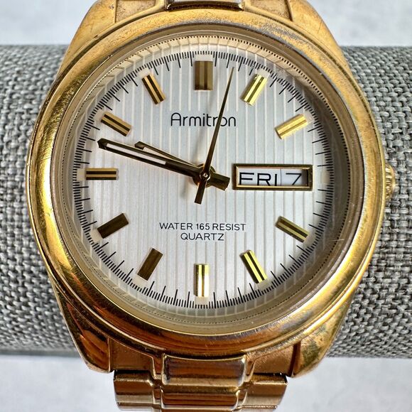 Armiton Watch Mens 35mm Day Date White Dial Gold Tone Expansion New Battery - Picture 7 of 11